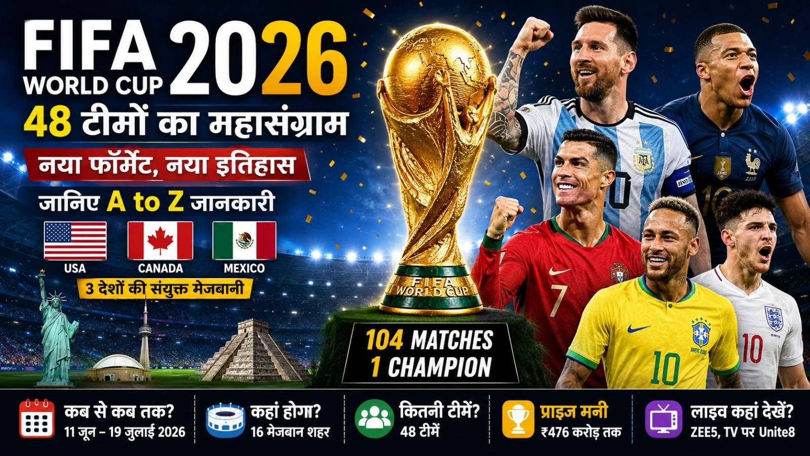 FIFA World Cup 2026 featured image with 48 teams, new format, schedule, host countries USA Canada Mexico and top football stars