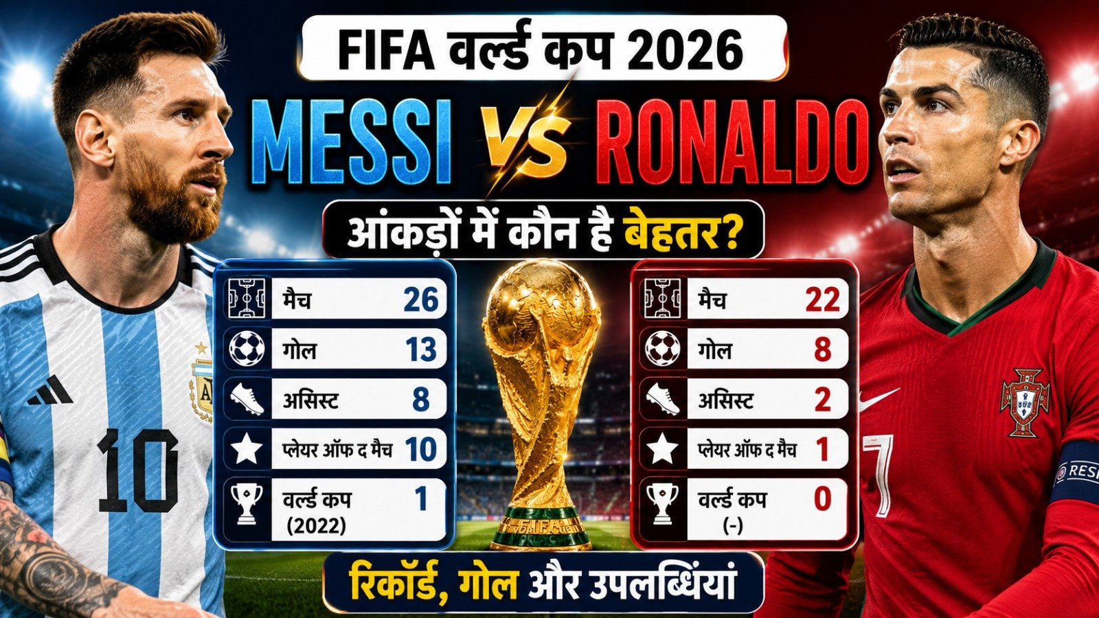 फीफा वर्ल्ड कप 2026 में मेसी और रोनाल्डो के रिकॉर्ड, गोल, असिस्ट और उपलब्धियों की तुलना दर्शाती फीचर्ड इमेज। Messi vs Ronaldo FIFA World Cup 2026 comparison showing goals, assists, matches played and World Cup records.