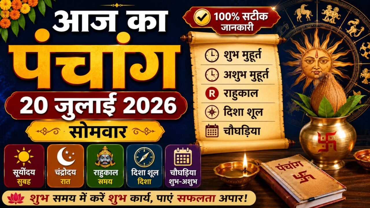 Aaj Ka Panchang 20 July 2026: सोमवार का शुभ-अशुभ मुहूर्त, राहुकाल, दिशा शूल और चौघड़िया (100% Accurate Info)