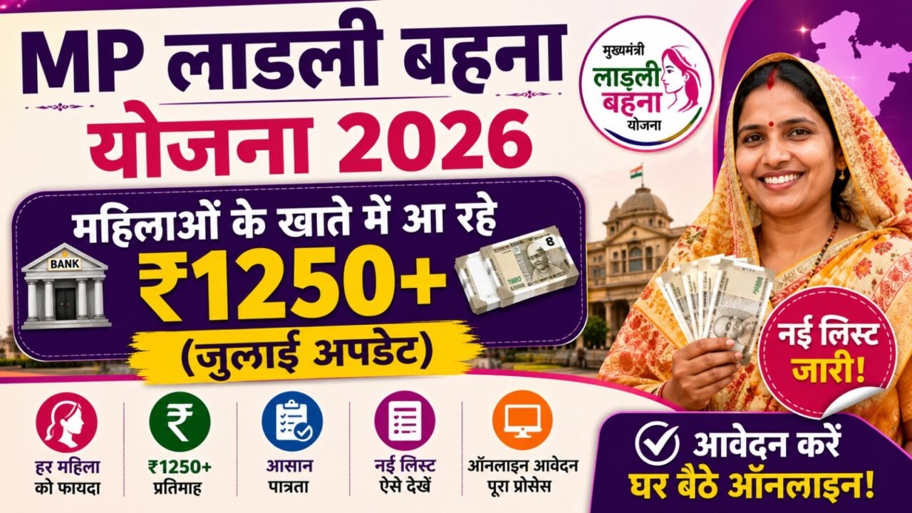 MP Ladli Behna Yojana 2026: महिलाओं के खाते में आ रहे ₹1250+ (जुलाई अपडेट), नई लिस्ट और ऑनलाइन आवेदन का पूरा प्रोसेस