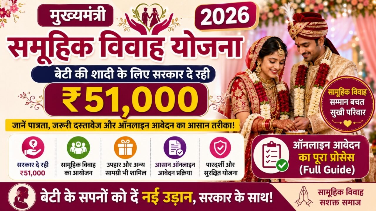 Mukhyamantri Samuhik Vivah Yojana 2026: बेटी की शादी के लिए सरकार दे रही ₹51,000, जानें ऑनलाइन आवेदन का पूरा प्रोसेस (Full Guide)