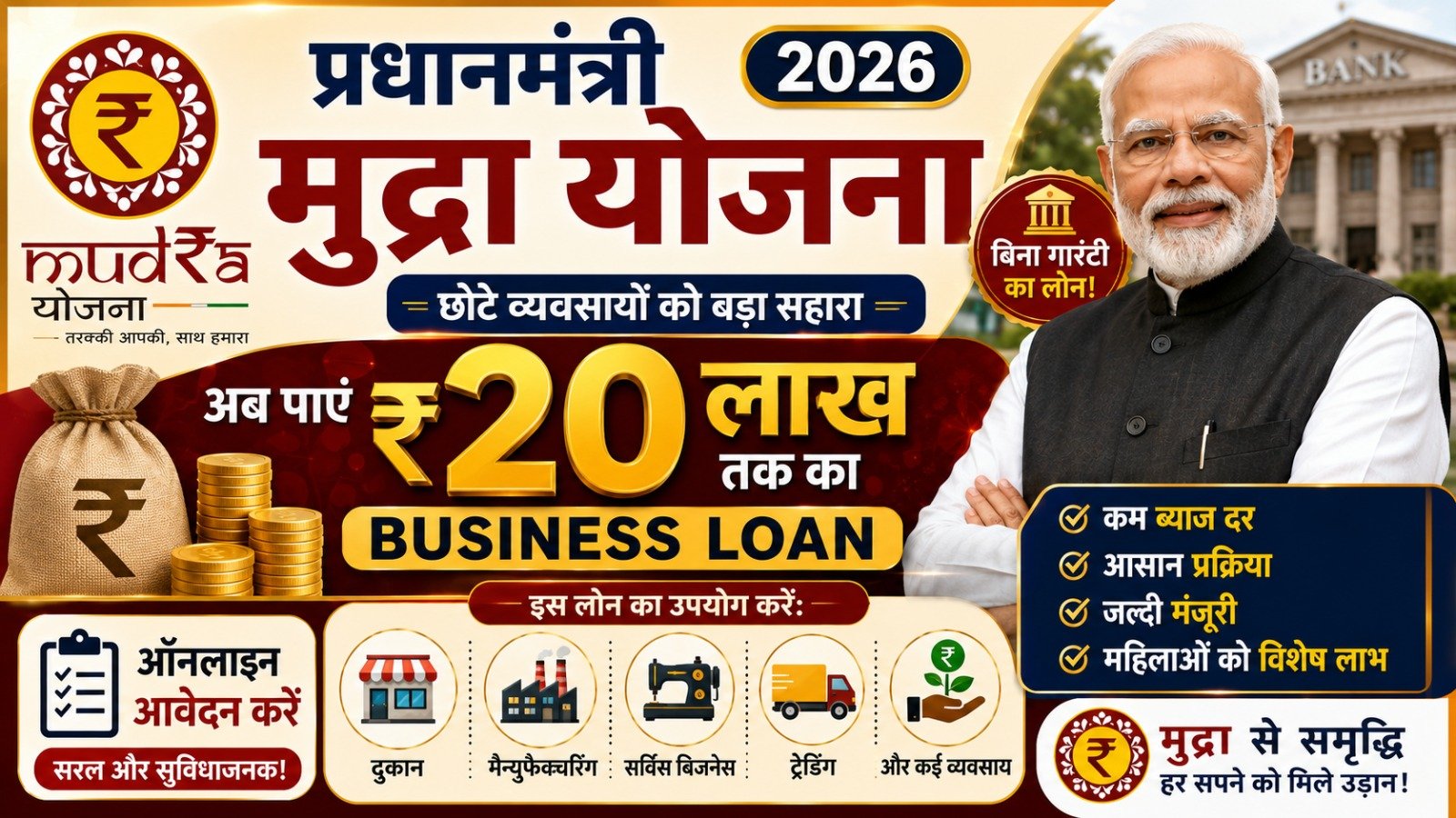 Pradhan Mantri Mudra Yojana 2026: अब पाएं ₹20 लाख तक का Business Loan, जानें पूरी डिटेल्स!